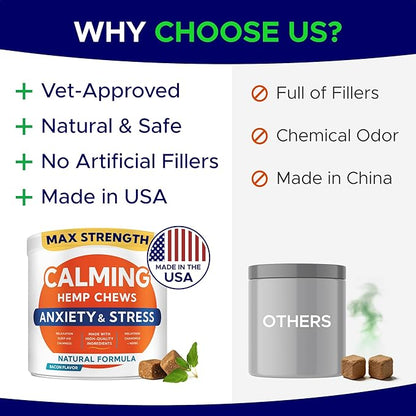 Advanced Calming Chews for Dogs - Hemp Treat + Melatonin + Valerian - Relaxing Bites - Calming Care - Stress Relief - Made in USA - Calm, Sleep Aid, Storms - 60Ct