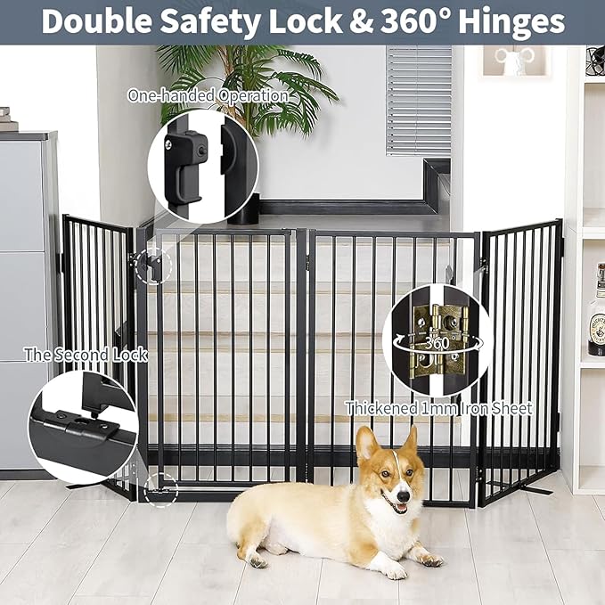 Metal Freestanding Dog Gates with Door for Outdoor Indoor,80'' Extra Wide 36'' Tall Free Standing Dog Gate for Doorways,Large Openings,Deck,Yard,Porch,Foldable Safety Pet Fence(Black,4 Panels)