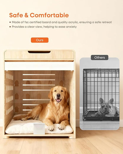 Modern Dog Crate Furniture with Charging Station Large Kennel Indoor with Flip-up Hidden Acrylic Door for Large and Medium Breeds up to 110lb Wood Pet End Side Table Cage, Oak