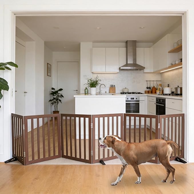 ZJSF Freestanding Indoor Dog Gate for House Foldable Wood Puppy Gate for Doorways Pet Gate for Stairs Extra Wide Pet Fence, Brown, 24" Height 6 Panels