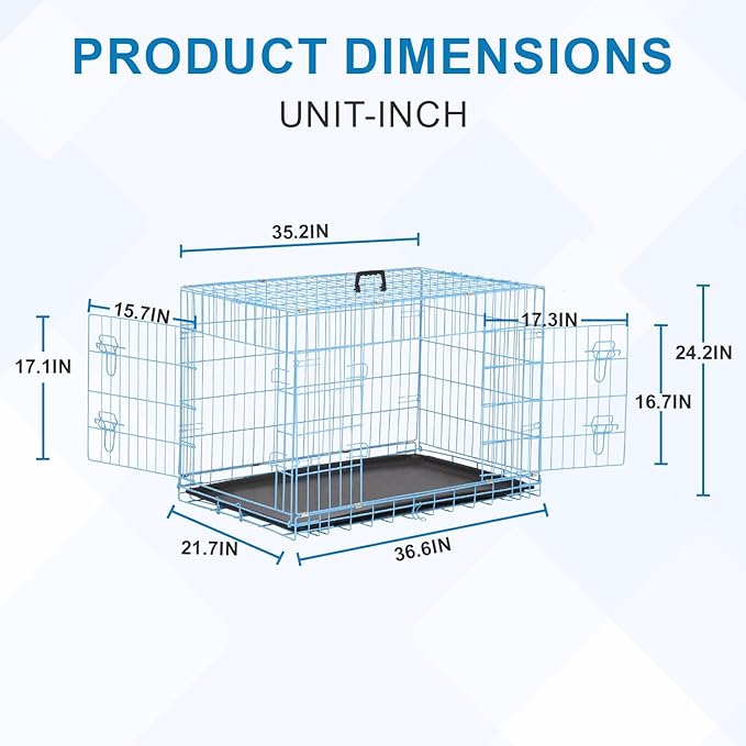 36 inch Dog Crates for Medium Dogs Folding Metal Wire Dog Cage Kennel, Indoor Outdoor Dog Crate Kennels with Handle&Proof Tray Portable Pet Kennel Blue