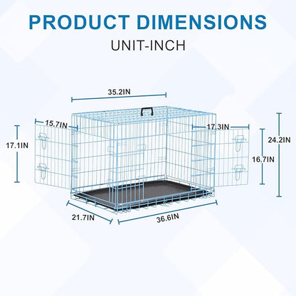 36 inch Dog Crates for Medium Dogs Folding Metal Wire Dog Cage Kennel, Indoor Outdoor Dog Crate Kennels with Handle&Proof Tray Portable Pet Kennel Blue