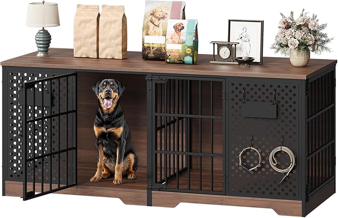 HOOBRO 71" Dog Crate Furniture for 2 Large Dogs, Heavy Duty Indoor Kennel with Removable Divider & Name Tags, TV Stand Cage Furniture for Medium & Large Dogs, Walnut & Black BH84GW03