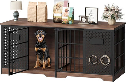 HOOBRO 71" Dog Crate Furniture for 2 Large Dogs, Heavy Duty Indoor Kennel with Removable Divider & Name Tags, TV Stand Cage Furniture for Medium & Large Dogs, Walnut & Black BH84GW03