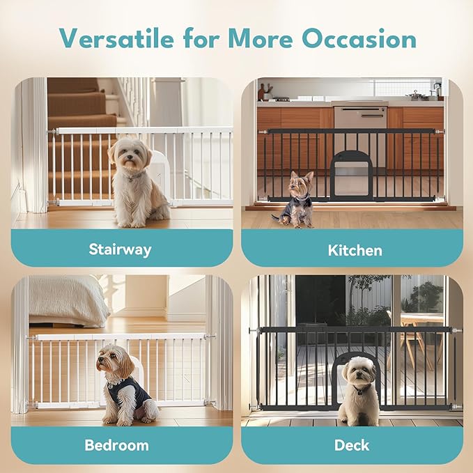 No Pawblems Dog Gate with Small Pet Door, 16"-42.7" Adjustable Metal Short Dog Gate to Step Over, 16.5" Tall Small Pet Gate with 3 Extension Kits, Pressure Mounted Gate for Doorways & Stairs, White
