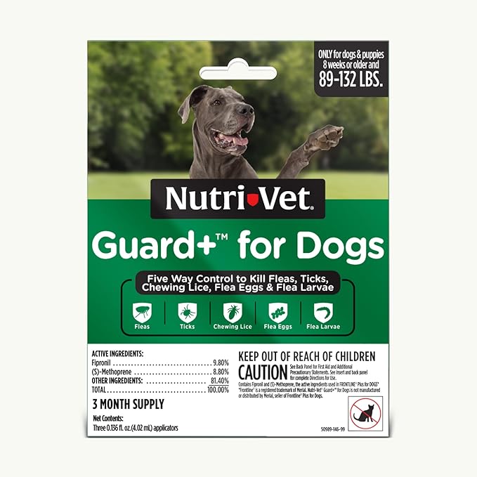 Nutri-Vet Guard+ for Dogs - Flea & Tick Prevention Treatment for Dogs 89-132 lbs. - Waterproof Topical- 90 Days of Protection - 3 Monthly Doses