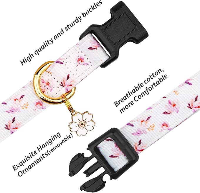 Cotton Handmade Dog Collar Cute and Distinctive Patterns White Flower with Pendant for Girl Boy Dogs Collars L