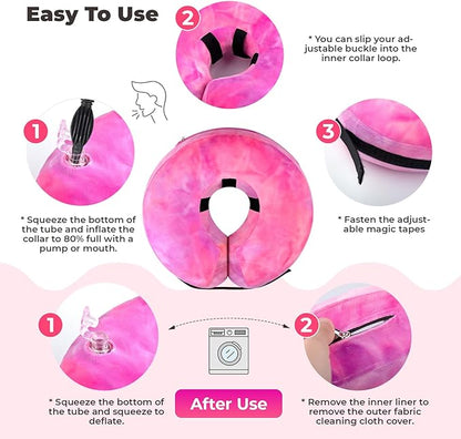 Dog Cone, Uadonile Inflatable Cone Collar for Dogs and Cats, Dog Neck Collar Recovery E-Collar Alternative After Surgery, Elizabethan Collar for Dogs Recovery(Tie-dye Rose Purple, L)