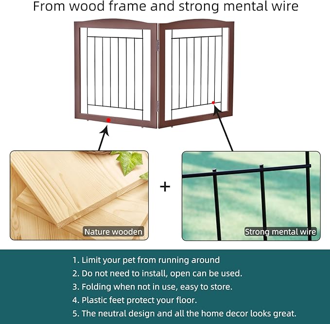 ZJSF Freestanding Foldable Dog Gate for House Extra Wide Wooden Indoor Puppy Gate Stairs Doorways Pet Gate Tall Dog Fence 2 Panels Fence Brown