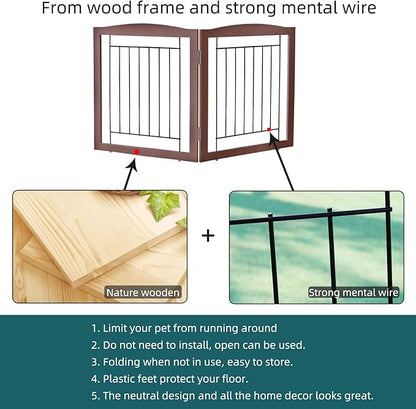 ZJSF Freestanding Foldable Dog Gate for House Extra Wide Wooden Indoor Puppy Gate Stairs Doorways Pet Gate Tall Dog Fence 2 Panels Fence Brown