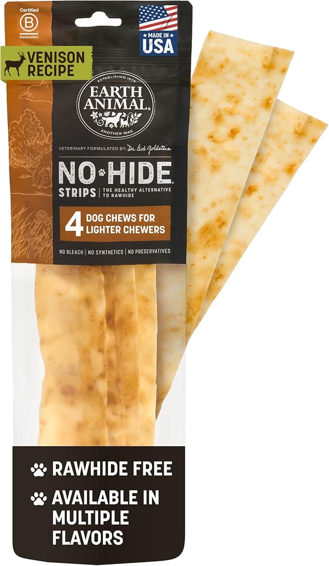 Earth Animal No Hide Strips - Natural Rawhide Free Dog Chew Strips, Venison - 4 Count