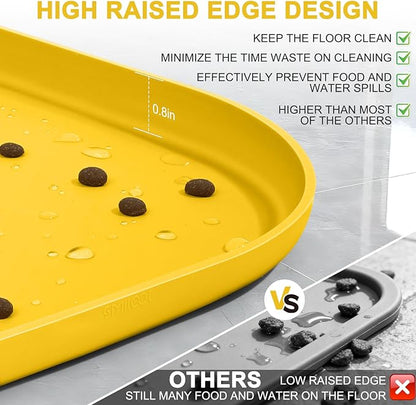 Smilool Silicone Pet Food Mat with Raised Edge for Food and Water Bowl, Dog Feeding Mats, Cat Food Trays for Floor Waterproof, Rubber Tray for Dogs and Cats, 22 x 14 x 0.8 Vivid Yellow
