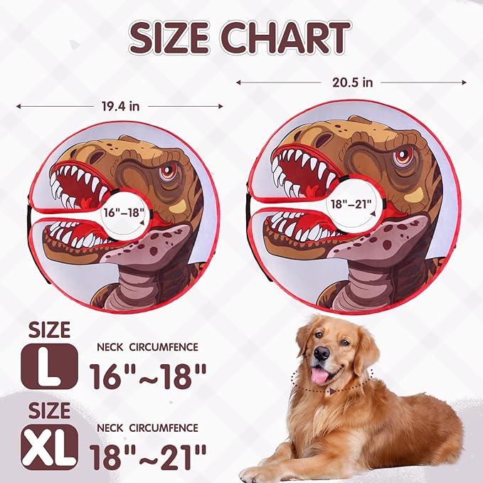 EXPAWLORER X-Large Widen Soft Dog Cone Collar - Inflatable Dog Neck Donut Collar Alternative After Surgery to Stop Licking,Adjustable Protective Recovery E Collar(Dinosaur)