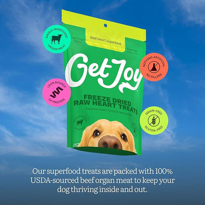 Get Joy Freeze Dried Dog Treats, 100% Beef Heart, 4 Ounce Bag (Pack of 3), Single Ingredient Organ Meat, High Protein, Heart Health, Energy, Grain Free, Gluten Free, Made in USA