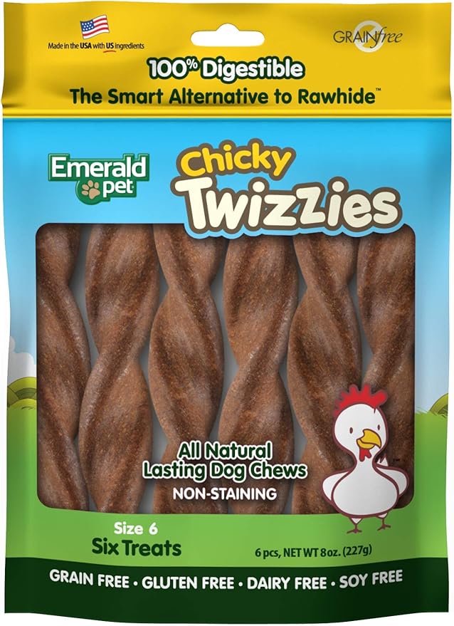 Emerald Pet Twizzies Rawhide Free 100% Digestible Natural Dog Lasting Chew Treats, Made in USA Size 6, Chicky Chicken Multipack