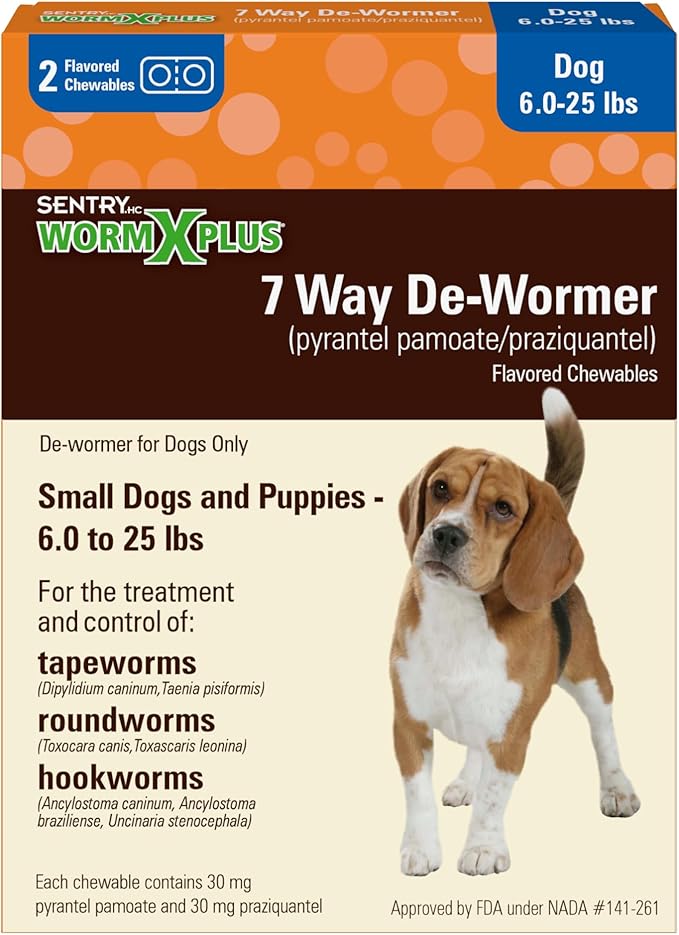 Worm X Plus 7 Way De-Wormer Chewables for Dogs - Tablets for Small Dogs & Puppies (6-25 lbs) (pyrantel pamoate/praziquantel), 2 Count