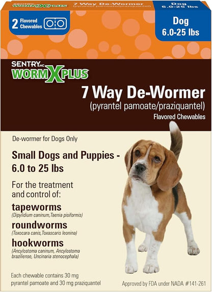 Worm X Plus 7 Way De-Wormer Chewables for Dogs - Tablets for Small Dogs & Puppies (6-25 lbs) (pyrantel pamoate/praziquantel), 2 Count