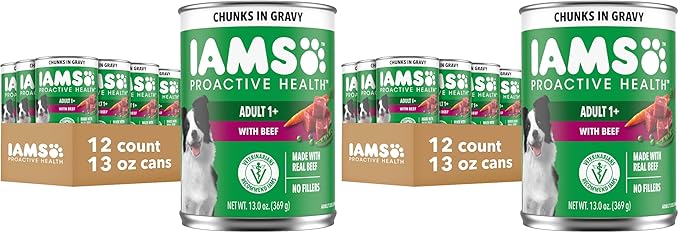 IAMS Proactive Health Adult Wet Dog Food Chunks in Gravy, Beef Recipe, 13 oz. Cans (12 Count, Pack of 2)