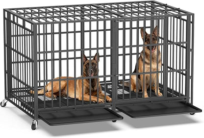 Hiwokk 78 Inch Heavy Duty Dog Crate, Indestructible Escape-Proof Dog Kennel for High Anxiety Large Dogs, Strong Metal Pet Cage with Double Doors, Lockable Wheels & Removable Tray, XL XXL XXXL