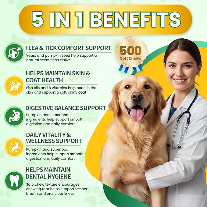 Flea and Tick Prevention for Dogs Chews – 500 Tasty Chicken Flavor Soft Chews, Dog Flea and Tick Treatment, Oral Flea Chews Supplement for Dogs, Puppies, All Breeds & Ages