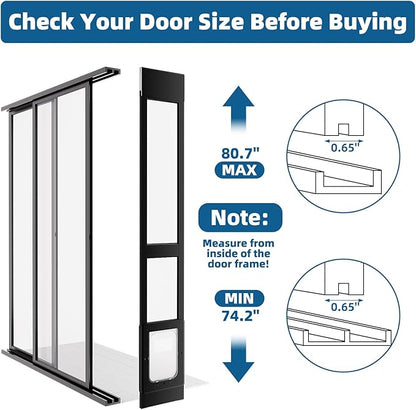 Dog Door for Sliding Glass Door, Magnetic Plastic Flap Sliding Door Pet Insert with Lock, Adjustable Height 74.2”-80.7”, No-Cut Installation for Patio Dog Access(Black L)