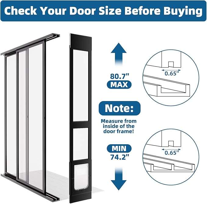 Dog Door for Sliding Glass Door, Magnetic Plastic Flap Sliding Door Pet Insert with Lock, Adjustable Height 74.2”-80.7”, No-Cut Installation for Patio Dog Access(Black S)