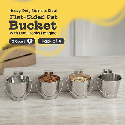 2 Quart Stainless Steel Flat Sided Bucket with Dual Hooks | 4 Pcs Durable Food & Water Bowl for Dog Cats Bird & Small Animals | Fits kennel Cage Crates Hanging Pet Pail | Multipurpose use