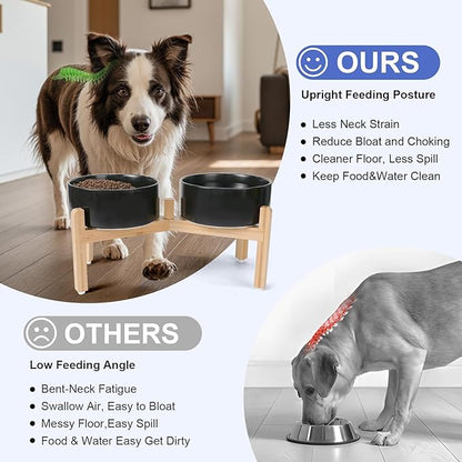 SPUNKYJUNKY Elevated Dog Bowls Ceramic, 7.3'' Dogs Food Water Bowls Raised with Non-Slip Bamboo Stand for Medium to Large Sized Breed Microwave Dishwasher Safe - 42 OZ,Black