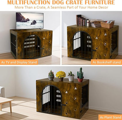 Dog Crate Furniture for Small Medium Dogs, Heavy Duty Wood Metal Indoor Dog Kennel with Bowls, Decorative Pet Cage Dog House as TV Stand, Brown