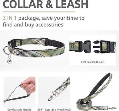 PUPTECK Adjustable Dog Harness Collar and Leash Set Step in No Pull Pet Harness for Small Medium Dogs Puppy and Cats Outdoor Walking Running, Soft Mesh Padded Reflective Vest Harnesses, Grn&YLW, L