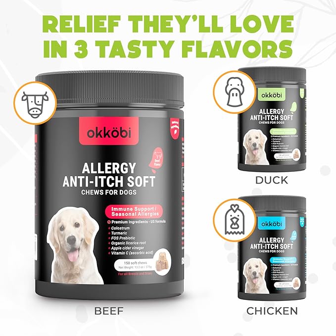 Dog Allergy Chews - 150 Pcs - Allergy Relief for Dogs - Supplements for Itchy Skin & Paw Licking - US Formula with Probiotics, Natural Ingredients, and Vitamins - Beef Flavor