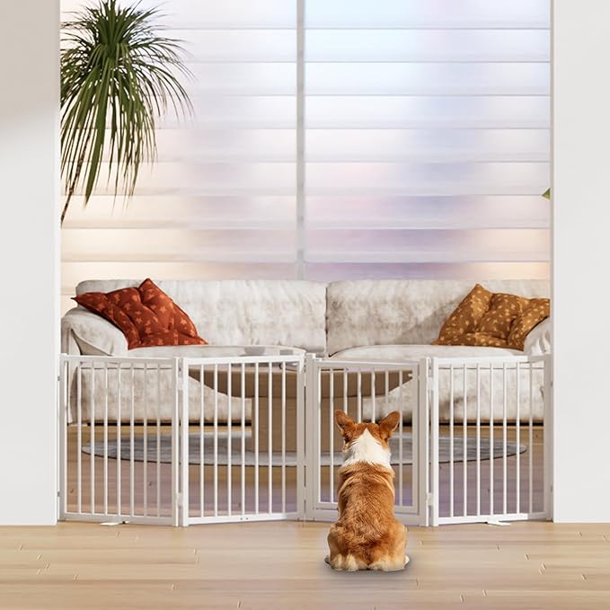 SNUOWU Full Metal Freestanding Dog Gate with Door, 24'' Height Foldable Pet Dog Fence for Indoor & Outdoor, 4 Panels Extra Wide Free Standing SmallDog Gates for Doorways,House,Stairs,Porch,Deck,Yard