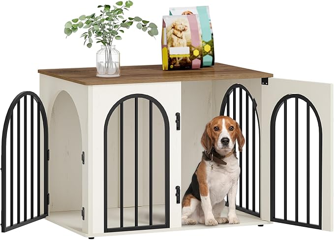 Hzuaneri 31.5'' Wooden Dog Crate Furniture, Indoor Dog Kennel Dogs Cage for Small/Medium Dogs, Heavy Duty Dog Crates Decorative Pet House End Side Table TV Stand, White Brown DFC85114B
