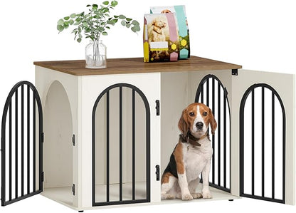 Hzuaneri 31.5'' Wooden Dog Crate Furniture, Indoor Dog Kennel Dogs Cage for Small/Medium Dogs, Heavy Duty Dog Crates Decorative Pet House End Side Table TV Stand, White Brown DFC85114B