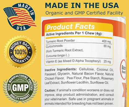 Amazing Turmeric for Dogs Curcumin Pet Antioxidant - Eliminates Joint Pain Inflammation, 90 Bacon Soft Chews