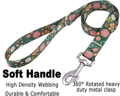 Mihqy Dog Collar and Leash Set with Bohemia Floral Tribal Geometric Patterns - Soft Ethnic Style Collar Adjustable for Small Medium Large Dogs(Dark Green Flower Set,XS)