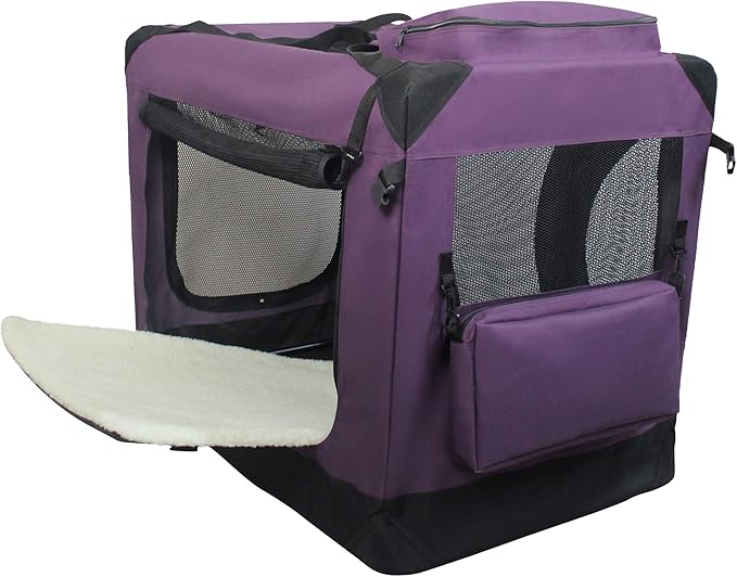 EliteField 3-Door Folding Soft Dog Crate with Carrying Bag and Fleece Bed (2 Year Warranty), Indoor & Outdoor Pet Home (30" L x 21" W x 24" H, Purple)