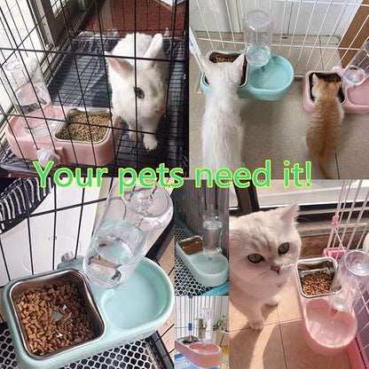Cage Dual Bowl, Crate Hanging Double Dog Cat Bowls, Pet Water and Food Bowl Set with Automatic Water Dispenser Bottle Detachable Stainless Steel Bowl Cage Dish Holder for Bird Rabbit Dog Cat, Blue