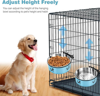 Dog Crate Bowls Hanging No Spill, 2 Pack Dog Crate Water Bowl, Kennel Food Bowls Mountable for Crates, Large Stainless Steel Pet Cage Accessories Feeder Coop Cup Dish for Puppy Bunny Guinea Pig Ferret