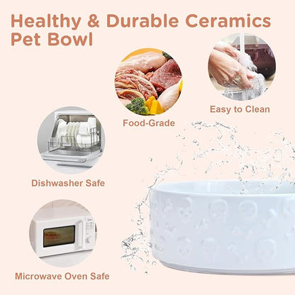 SPUNKYJUNKY Elevated Dog Bowls Ceramic, 8.3'' Dogs Food Water Bowls Raised with Non-Slip Bamboo Stand for Large Sized Breed Microwave Dishwasher Safe - 60 OZ,Skull White