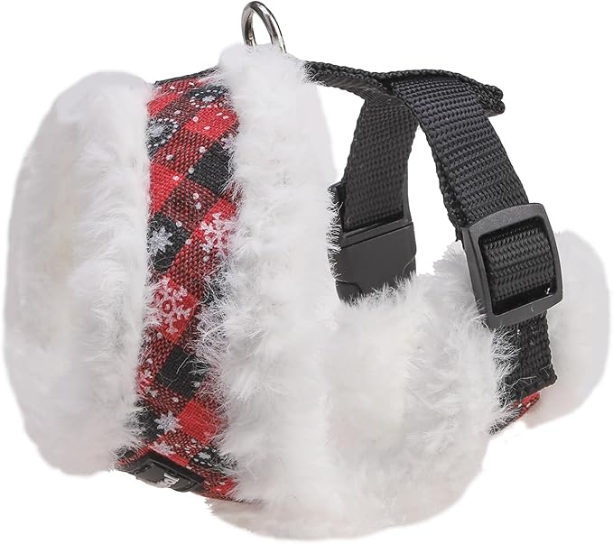 SCENEREAL Dog Christmas Harness Collar and Leash Set, Warm Fleece No Pull Puppy Vest Harnesses No Chock Adjustable Small Pet Halter for Outdoor Walking Training, Black Red Plaid S