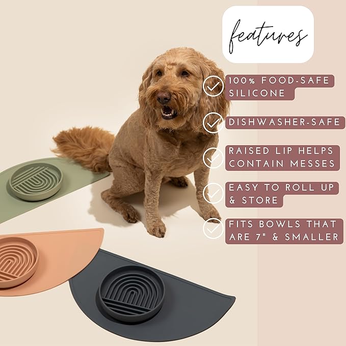 Should We Go - Waterproof Silicone Pet Food Mat - Non-Slip, Spill-Proof Feeding Mat for Floors, Raised Edge Design, Easy-to-Clean Pad for Dog & Cat Bowls, 21" Across x 10.5" Deep, Medium-Charcoal