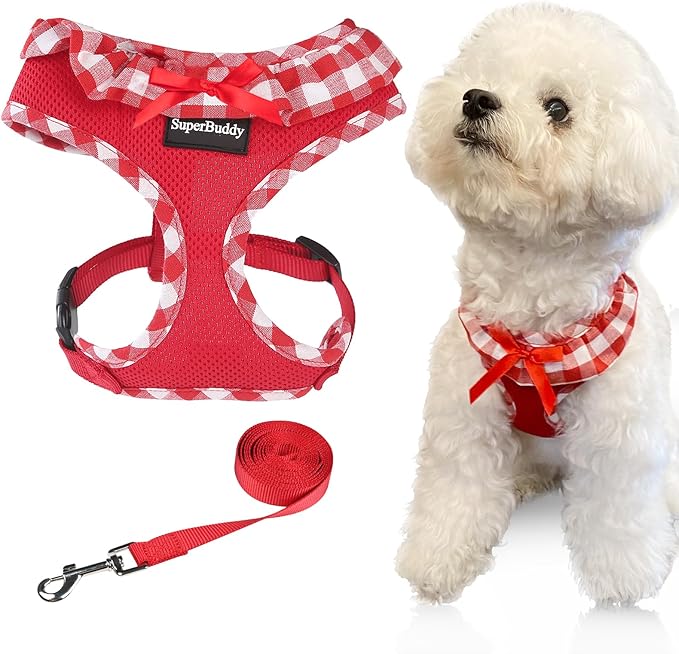 SuperBuddy Upgraded Soft Mesh Dog Harness, Super Breathable Lightweight Pet Harnesses for Puppy Dogs Outdoor Walking, Red Dog Harness and Dog Leash Set Packing -Medium