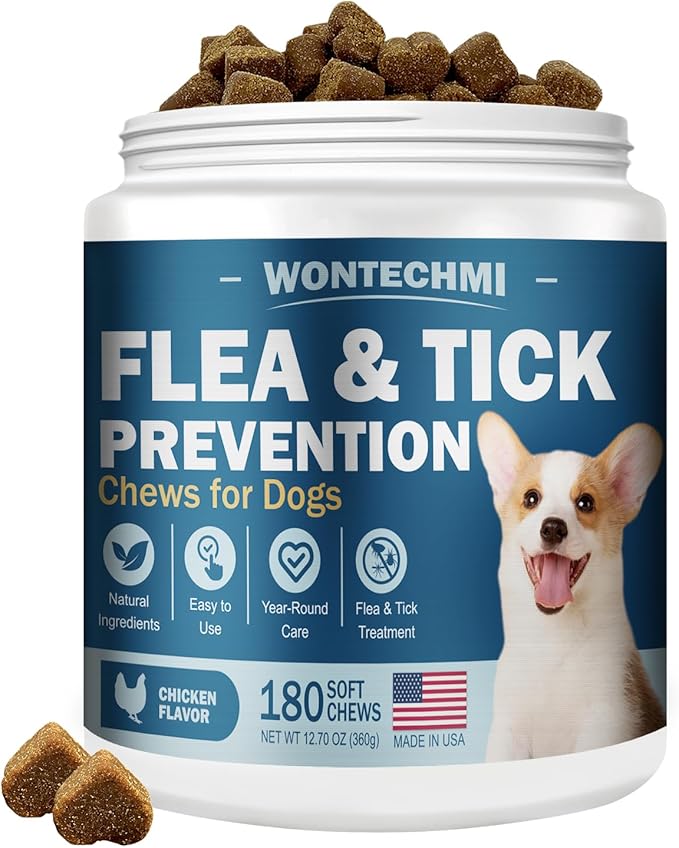 Flea and Tick Prevention for Dogs Chewables, 180 Chews Natural Chews Supplement for Dogs, Oral Dog Flea and Tick Treatment for All Breeds and Ages (180 Chews, Chicken)