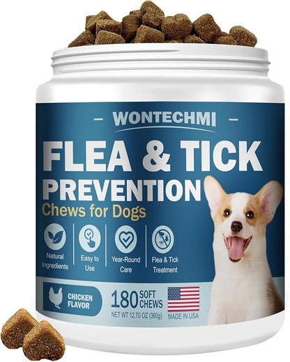 Flea and Tick Prevention for Dogs Chewables, 180 Chews Natural Chews Supplement for Dogs, Oral Dog Flea and Tick Treatment for All Breeds and Ages (180 Chews, Chicken)