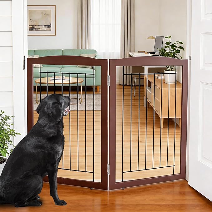 ZJSF Freestanding Foldable Dog Gate for House Extra Wide Wooden Indoor Puppy Gate Stairs Doorways Pet Gate Tall Dog Fence 2 Panels Fence Brown