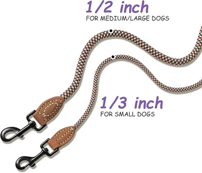 Mile High Life Small Dog Leash, Thin Rope Leash with Genuine Leather Connection and Heavy Duty Metal Clasp, Great for Small Medium Dogs(Brown,72 Inch-1/3)
