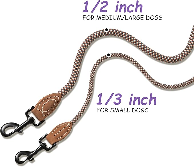 Mile High Life Small Dog Leash, Thin Rope Leash with Genuine Leather Connection and Heavy Duty Metal Clasp, Great for Small Medium Dogs(Brown,48 Inch-1/3)