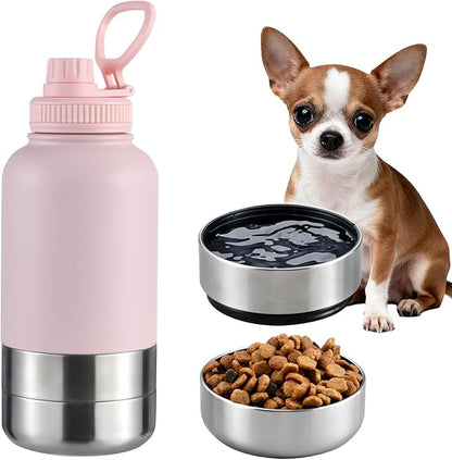 Cibaabo Insulated Dog Water Bottle with 2 Bowls, 32oz Travel Stainless Steel Double Wall Thermos, Portable Pet Dispenser, Gifts for Puppy Small Medium Dogs Walking Hiking and Camping