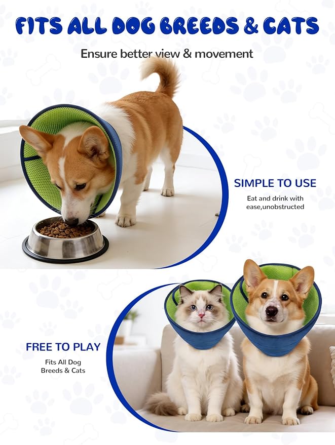 Dog Cone Collar Alternative,Comfortable Cones for Medium Large Dogs to Stop Licking After Surgery,Adjustable Comfy Cones, Comfortable Fabric Elizabethan Collars (Green Blue, M)
